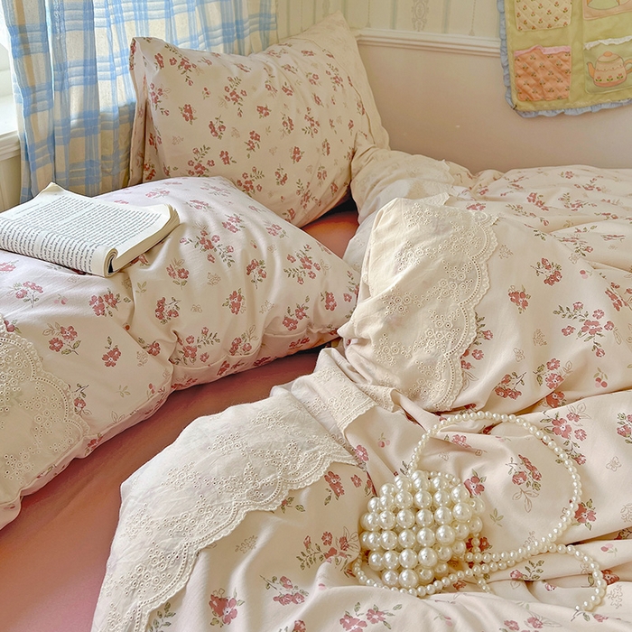 91家纺网 家纺一手货源 找家纺 海岛哥哥 2025新款韩式全棉蕾丝花边软绵绵四件套 爱玲说-红