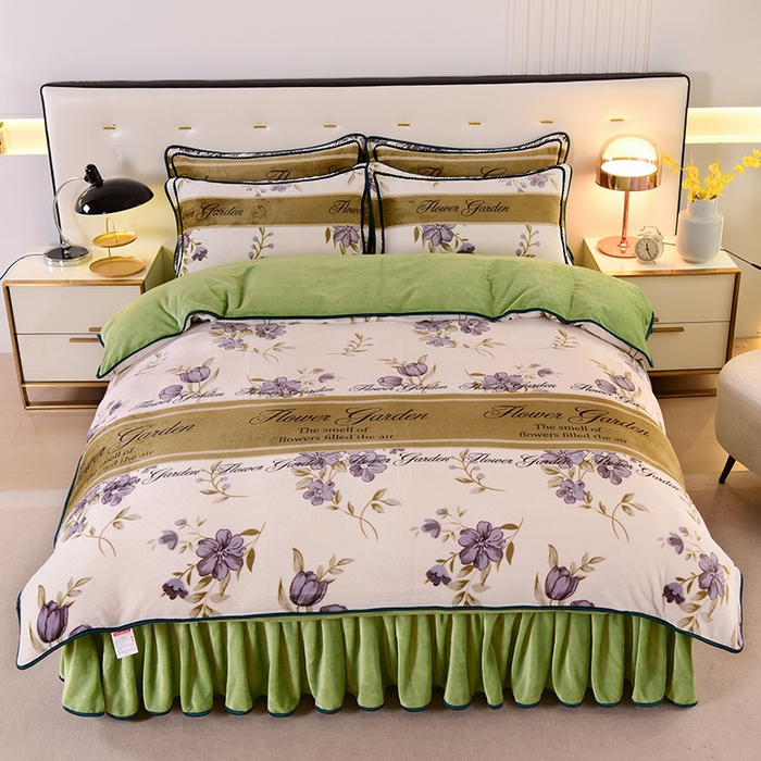 91家纺网 家纺一手货源 找家纺 绒品壹家 2025新款电商直播爆款高克重7斤牛奶绒金貂绒印花床裙款三件套四件套 花颜