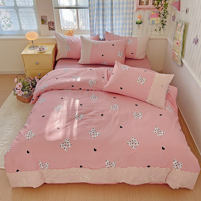 海岛哥哥 2025新款韩式全棉蕾丝花边软绵绵四件套 波点蝴蝶结