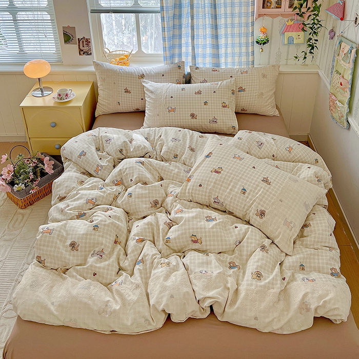 91家纺网 家纺一手货源 找家纺 海岛哥哥 2025新款韩式全棉蕾丝花边软绵绵四件套 格子萌狗