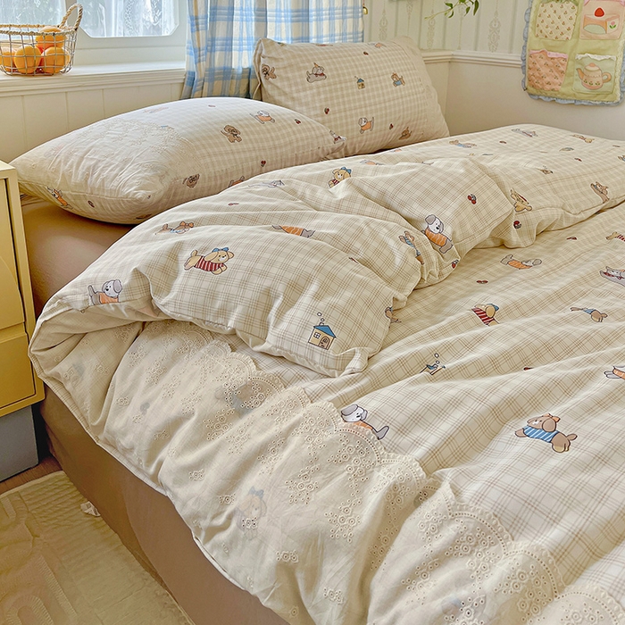 91家纺网 家纺一手货源 找家纺 海岛哥哥 2025新款韩式全棉蕾丝花边软绵绵四件套 格子萌狗