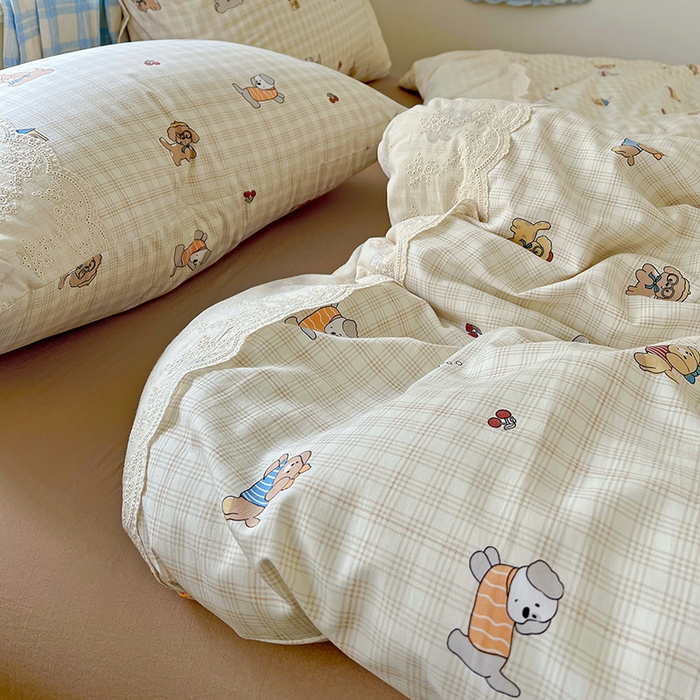 91家纺网 家纺一手货源 找家纺 海岛哥哥 2025新款韩式全棉蕾丝花边软绵绵四件套 格子萌狗