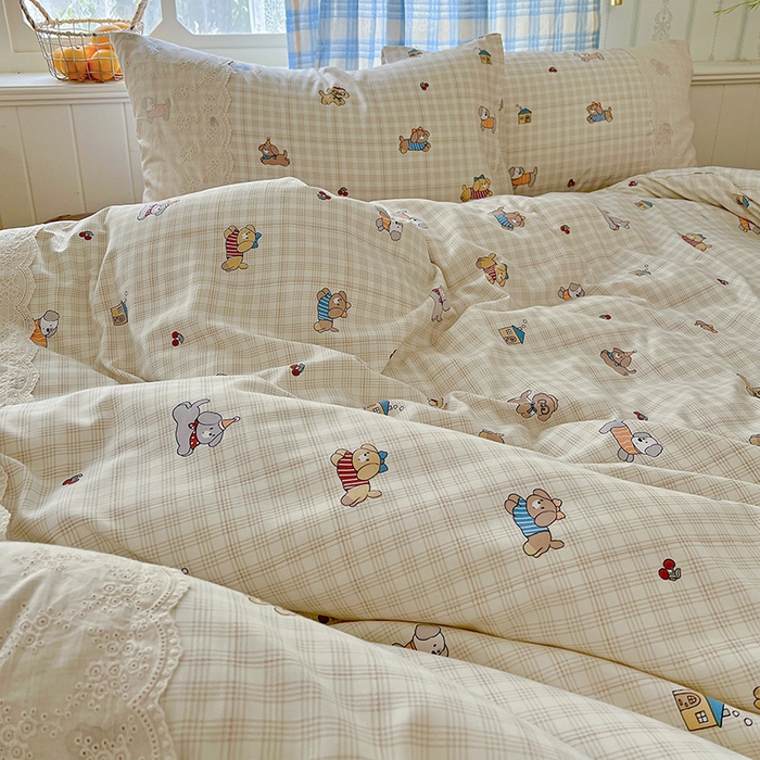 91家纺网 家纺一手货源 找家纺 海岛哥哥 2025新款韩式全棉蕾丝花边软绵绵四件套 格子萌狗