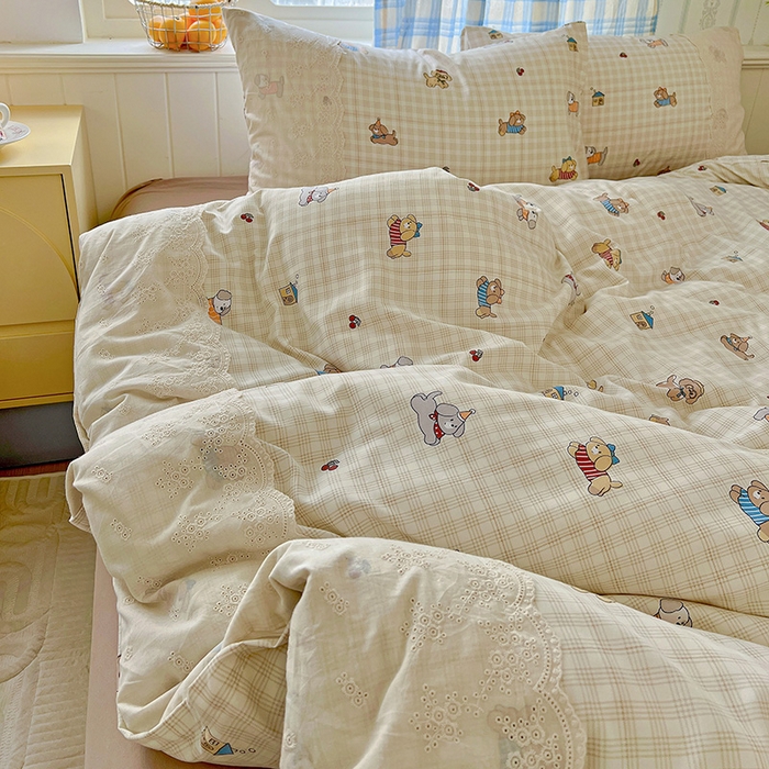 91家纺网 家纺一手货源 找家纺 海岛哥哥 2025新款韩式全棉蕾丝花边软绵绵四件套 格子萌狗