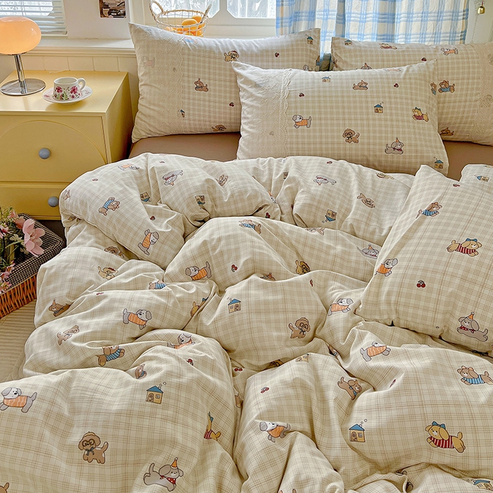 91家纺网 家纺一手货源 找家纺 海岛哥哥 2025新款韩式全棉蕾丝花边软绵绵四件套 格子萌狗