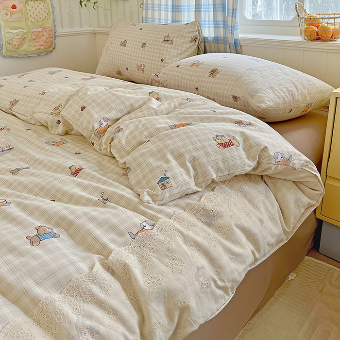 91家纺网 家纺一手货源 找家纺 海岛哥哥 2025新款韩式全棉蕾丝花边软绵绵四件套 格子萌狗