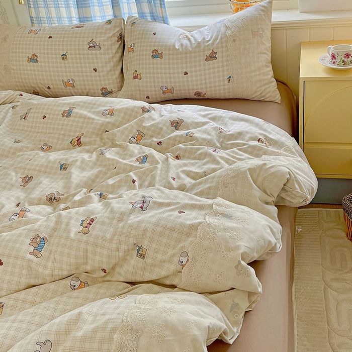 91家纺网 家纺一手货源 找家纺 海岛哥哥 2025新款韩式全棉蕾丝花边软绵绵四件套 格子萌狗