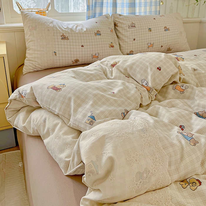 91家纺网 家纺一手货源 找家纺 海岛哥哥 2025新款韩式全棉蕾丝花边软绵绵四件套 格子萌狗