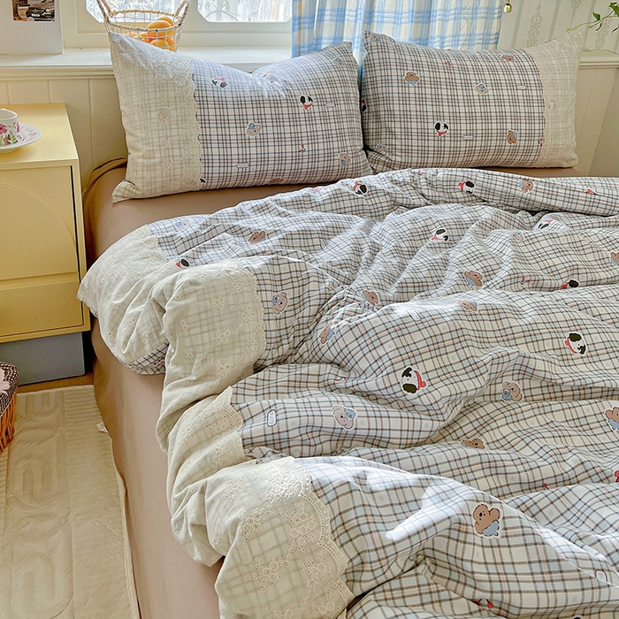 91家纺网 家纺一手货源 找家纺 海岛哥哥 2025新款韩式全棉蕾丝花边软绵绵四件套 灰蓝小狗