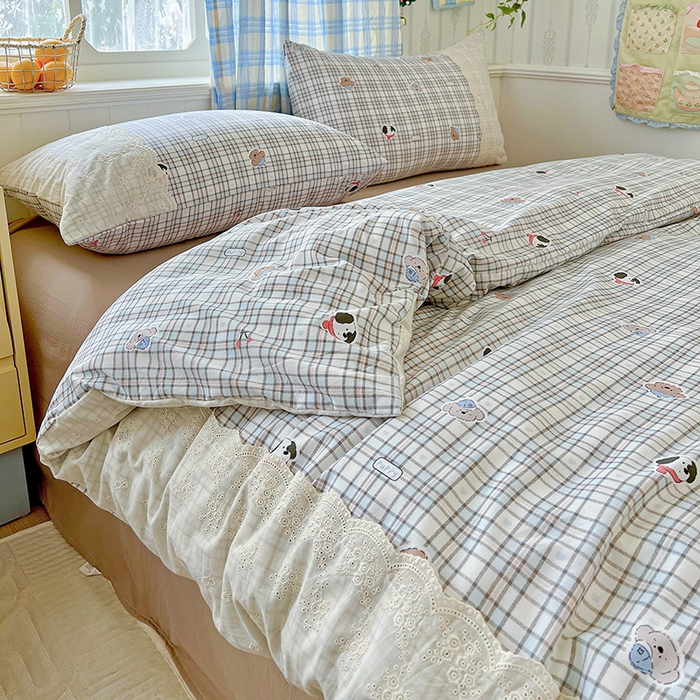 91家纺网 家纺一手货源 找家纺 海岛哥哥 2025新款韩式全棉蕾丝花边软绵绵四件套 灰蓝小狗