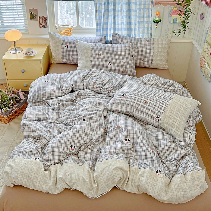 91家纺网 家纺一手货源 找家纺 海岛哥哥 2025新款韩式全棉蕾丝花边软绵绵四件套 灰蓝小狗