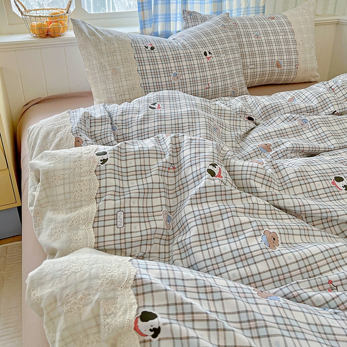 91家纺网 家纺一手货源 找家纺 海岛哥哥 2025新款韩式全棉蕾丝花边软绵绵四件套 灰蓝小狗