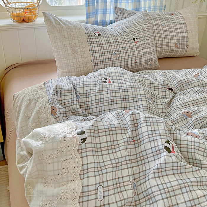 91家纺网 家纺一手货源 找家纺 海岛哥哥 2025新款韩式全棉蕾丝花边软绵绵四件套 灰蓝小狗