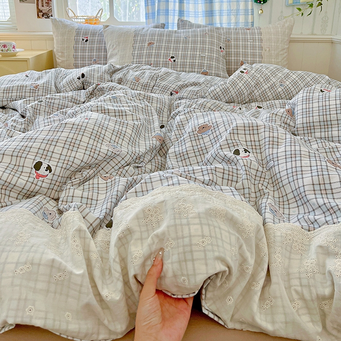 91家纺网 家纺一手货源 找家纺 海岛哥哥 2025新款韩式全棉蕾丝花边软绵绵四件套 灰蓝小狗