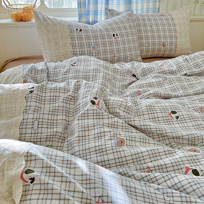 91家纺网 家纺一手货源 找家纺 海岛哥哥 2025新款韩式全棉蕾丝花边软绵绵四件套 灰蓝小狗