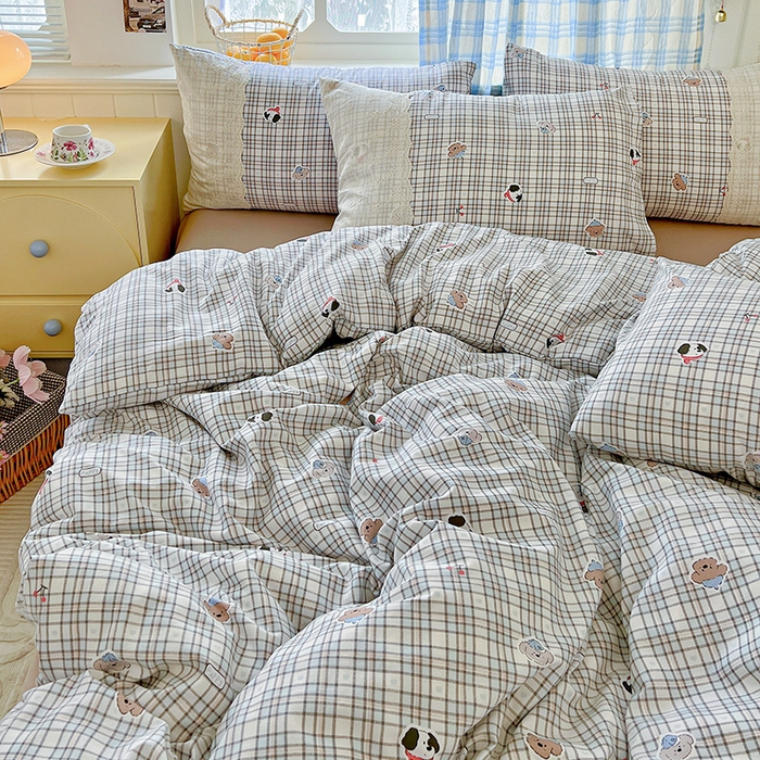 91家纺网 家纺一手货源 找家纺 海岛哥哥 2025新款韩式全棉蕾丝花边软绵绵四件套 灰蓝小狗