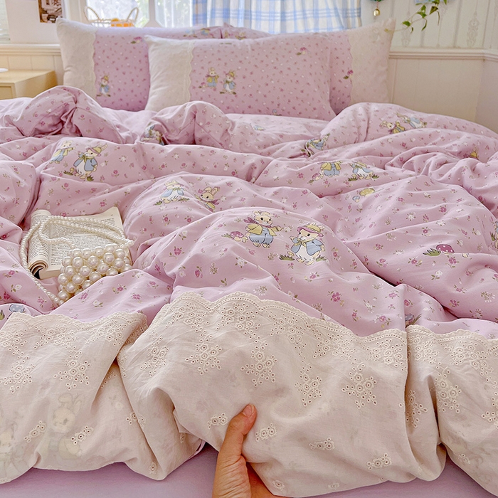 91家纺网 家纺一手货源 找家纺 海岛哥哥 2025新款韩式全棉蕾丝花边软绵绵四件套 萌兔花园-紫