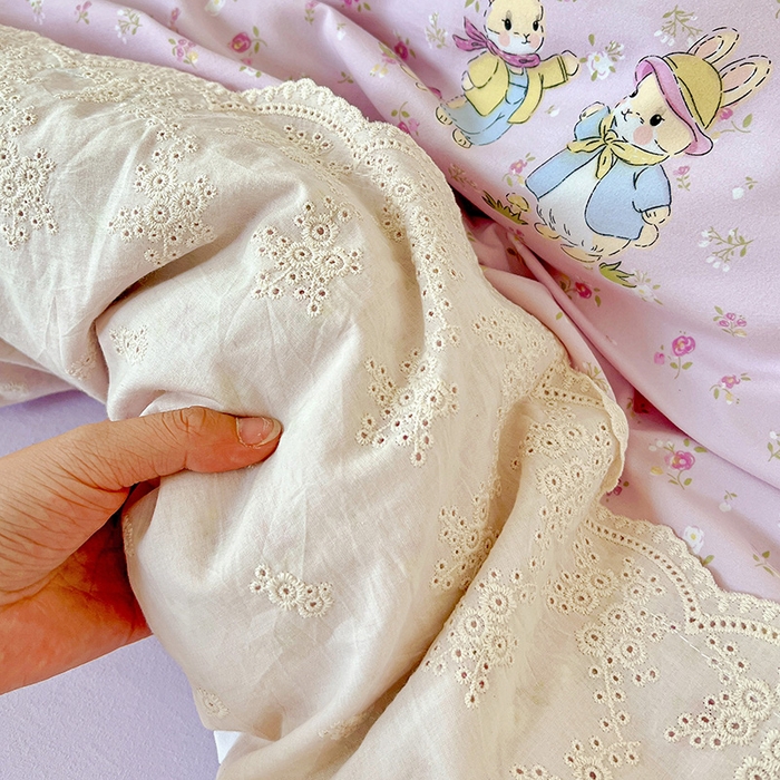 91家纺网 家纺一手货源 找家纺 海岛哥哥 2025新款韩式全棉蕾丝花边软绵绵四件套 萌兔花园-紫