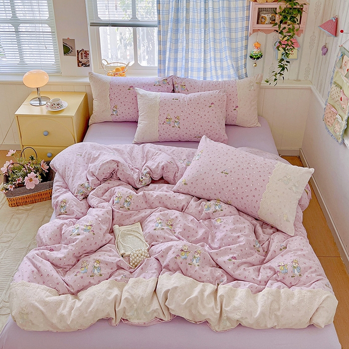 91家纺网 家纺一手货源 找家纺 海岛哥哥 2025新款韩式全棉蕾丝花边软绵绵四件套 萌兔花园-紫