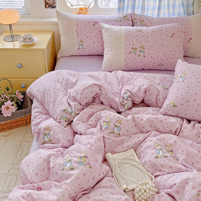 91家纺网 家纺一手货源 找家纺 海岛哥哥 2025新款韩式全棉蕾丝花边软绵绵四件套 萌兔花园-紫