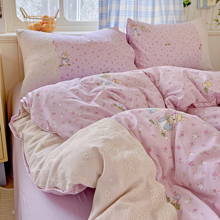 91家纺网 家纺一手货源 找家纺 海岛哥哥 2025新款韩式全棉蕾丝花边软绵绵四件套 萌兔花园-紫