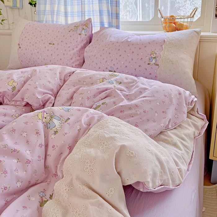 91家纺网 家纺一手货源 找家纺 海岛哥哥 2025新款韩式全棉蕾丝花边软绵绵四件套 萌兔花园-紫