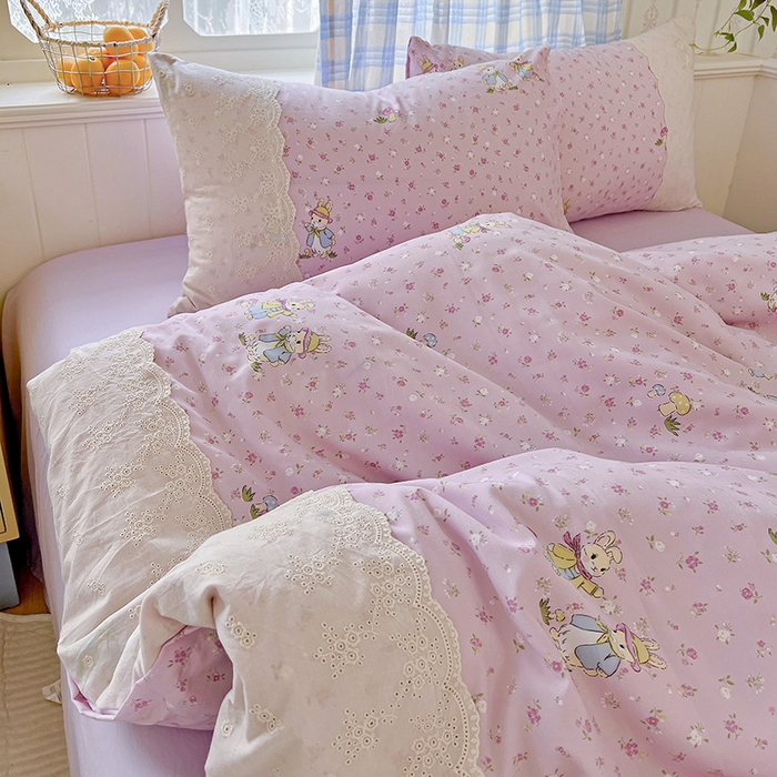 91家纺网 家纺一手货源 找家纺 海岛哥哥 2025新款韩式全棉蕾丝花边软绵绵四件套 萌兔花园-紫