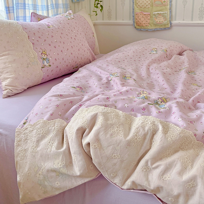 91家纺网 家纺一手货源 找家纺 海岛哥哥 2025新款韩式全棉蕾丝花边软绵绵四件套 萌兔花园-紫