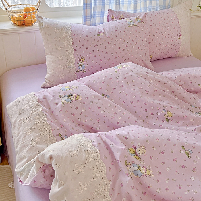 91家纺网 家纺一手货源 找家纺 海岛哥哥 2025新款韩式全棉蕾丝花边软绵绵四件套 萌兔花园-紫