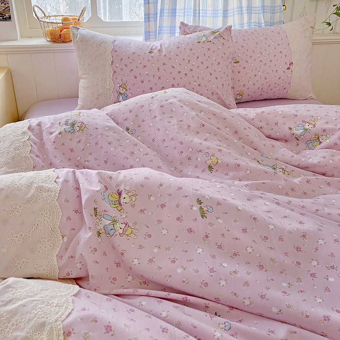 91家纺网 家纺一手货源 找家纺 海岛哥哥 2025新款韩式全棉蕾丝花边软绵绵四件套 萌兔花园-紫