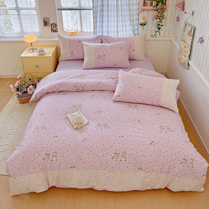 海岛哥哥 2025新款韩式全棉蕾丝花边软绵绵四件套 萌兔花园-紫