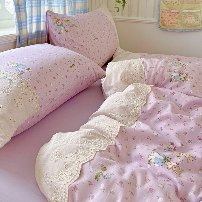 91家纺网 家纺一手货源 找家纺 海岛哥哥 2025新款韩式全棉蕾丝花边软绵绵四件套 萌兔花园-紫