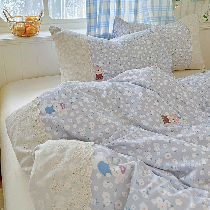 91家纺网 家纺一手货源 找家纺 海岛哥哥 2025新款韩式全棉蕾丝花边软绵绵四件套 兔软软-蓝