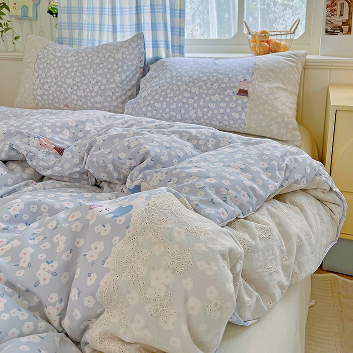 91家纺网 家纺一手货源 找家纺 海岛哥哥 2025新款韩式全棉蕾丝花边软绵绵四件套 兔软软-蓝