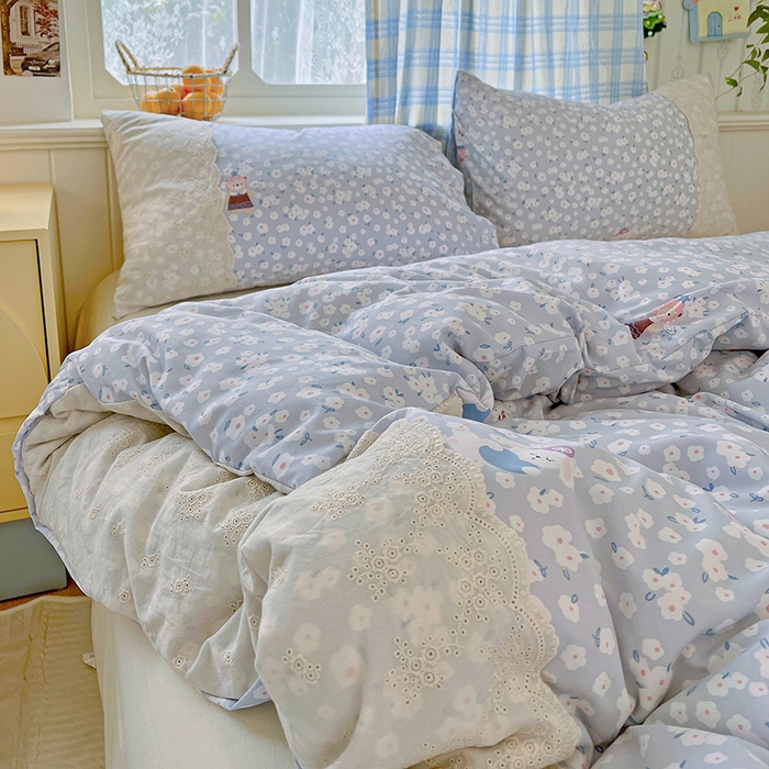 91家纺网 家纺一手货源 找家纺 海岛哥哥 2025新款韩式全棉蕾丝花边软绵绵四件套 兔软软-蓝