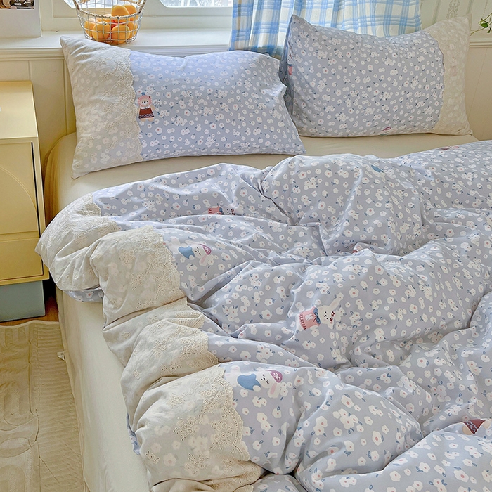 91家纺网 家纺一手货源 找家纺 海岛哥哥 2025新款韩式全棉蕾丝花边软绵绵四件套 兔软软-蓝