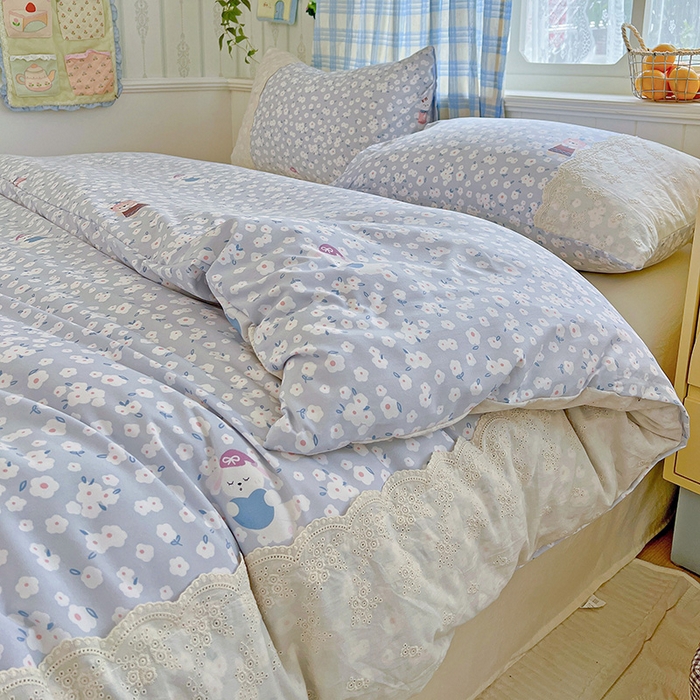 91家纺网 家纺一手货源 找家纺 海岛哥哥 2025新款韩式全棉蕾丝花边软绵绵四件套 兔软软-蓝