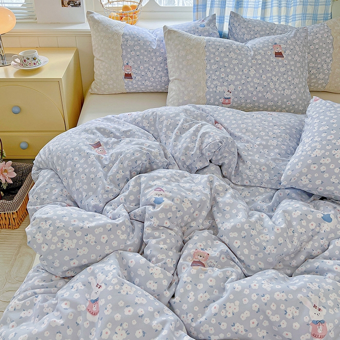 91家纺网 家纺一手货源 找家纺 海岛哥哥 2025新款韩式全棉蕾丝花边软绵绵四件套 兔软软-蓝