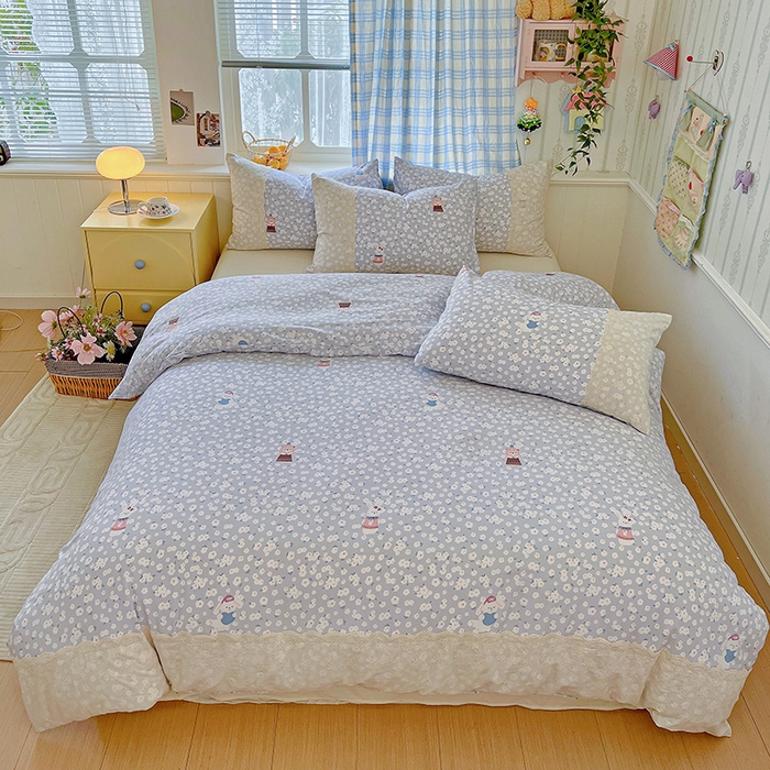 海岛哥哥 2025新款韩式全棉蕾丝花边软绵绵四件套 兔软软-蓝