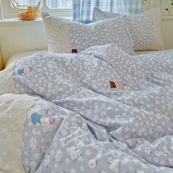 91家纺网 家纺一手货源 找家纺 海岛哥哥 2025新款韩式全棉蕾丝花边软绵绵四件套 兔软软-蓝