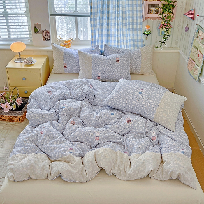 91家纺网 家纺一手货源 找家纺 海岛哥哥 2025新款韩式全棉蕾丝花边软绵绵四件套 兔软软-蓝