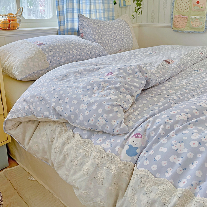 91家纺网 家纺一手货源 找家纺 海岛哥哥 2025新款韩式全棉蕾丝花边软绵绵四件套 兔软软-蓝