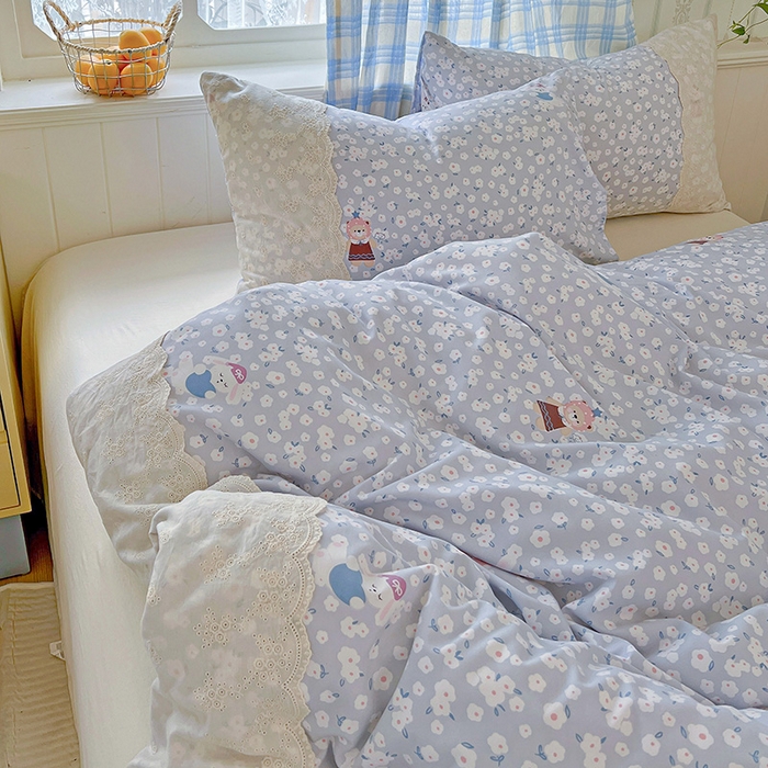 91家纺网 家纺一手货源 找家纺 海岛哥哥 2025新款韩式全棉蕾丝花边软绵绵四件套 兔软软-蓝