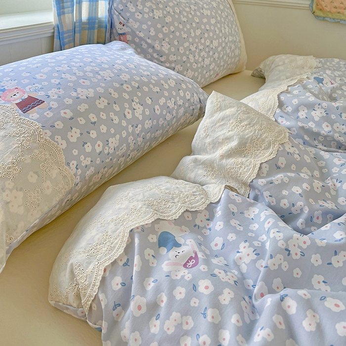 91家纺网 家纺一手货源 找家纺 海岛哥哥 2025新款韩式全棉蕾丝花边软绵绵四件套 兔软软-蓝