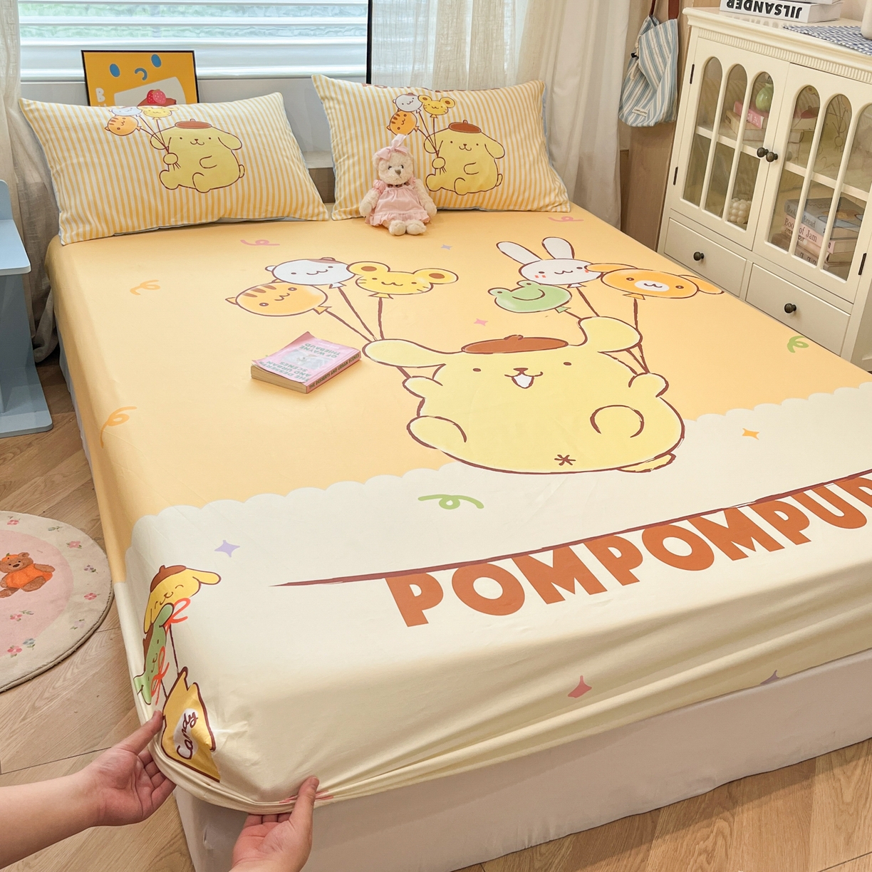 91家纺网 家纺一手货源 找家纺 金爱家 2025新款三丽鸥全棉床笠 纯棉单品-奶黄包布丁狗