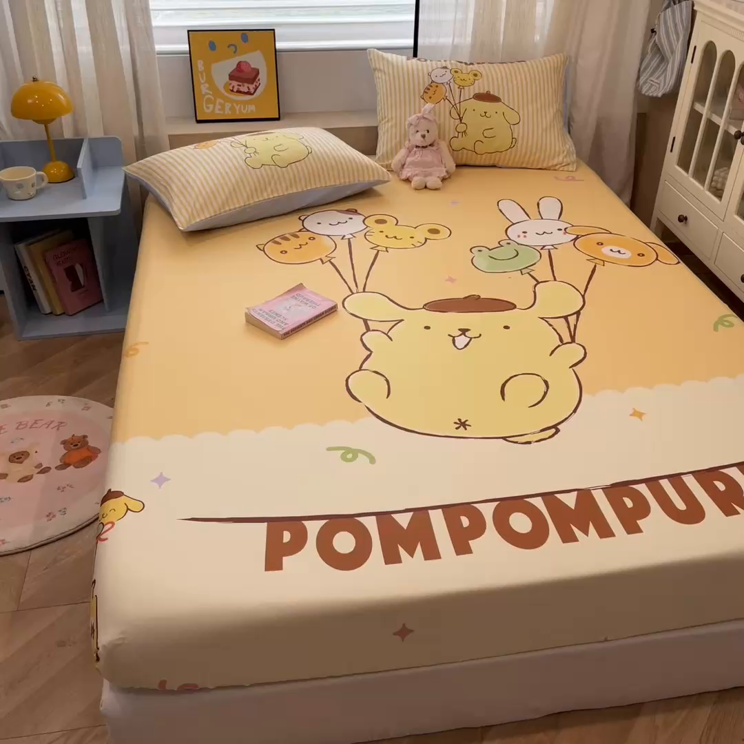 91家纺网 家纺一手货源 找家纺 金爱家 2025新款三丽鸥全棉床笠 纯棉单品-奶黄包布丁狗