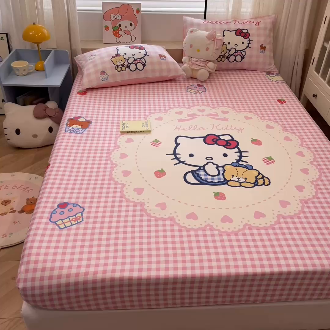 91家纺网 家纺一手货源 找家纺 金爱家 2025新款三丽鸥全棉床笠 纯棉单品-奶油kt