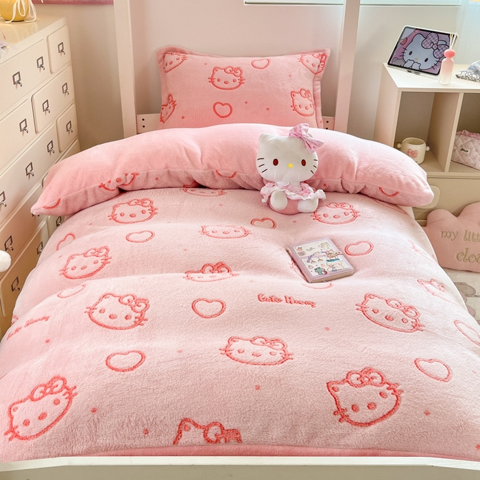 91家纺网 家纺一手货源 找家纺 川悦生活 2025新款立体雪花绒印花四件套学生床系列二场景一 爱心喵喵