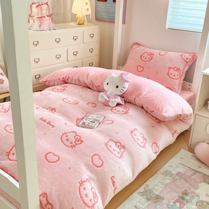 91家纺网 家纺一手货源 找家纺 川悦生活 2025新款立体雪花绒印花四件套学生床系列二场景一 爱心喵喵