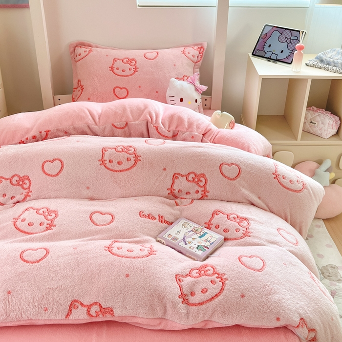 91家纺网 家纺一手货源 找家纺 川悦生活 2025新款立体雪花绒印花四件套学生床系列二场景一 爱心喵喵